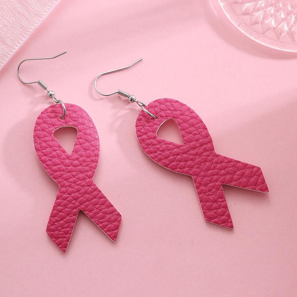 Women's Pink Ribbon PU Leather Earrings for Breast Cancer Awareness