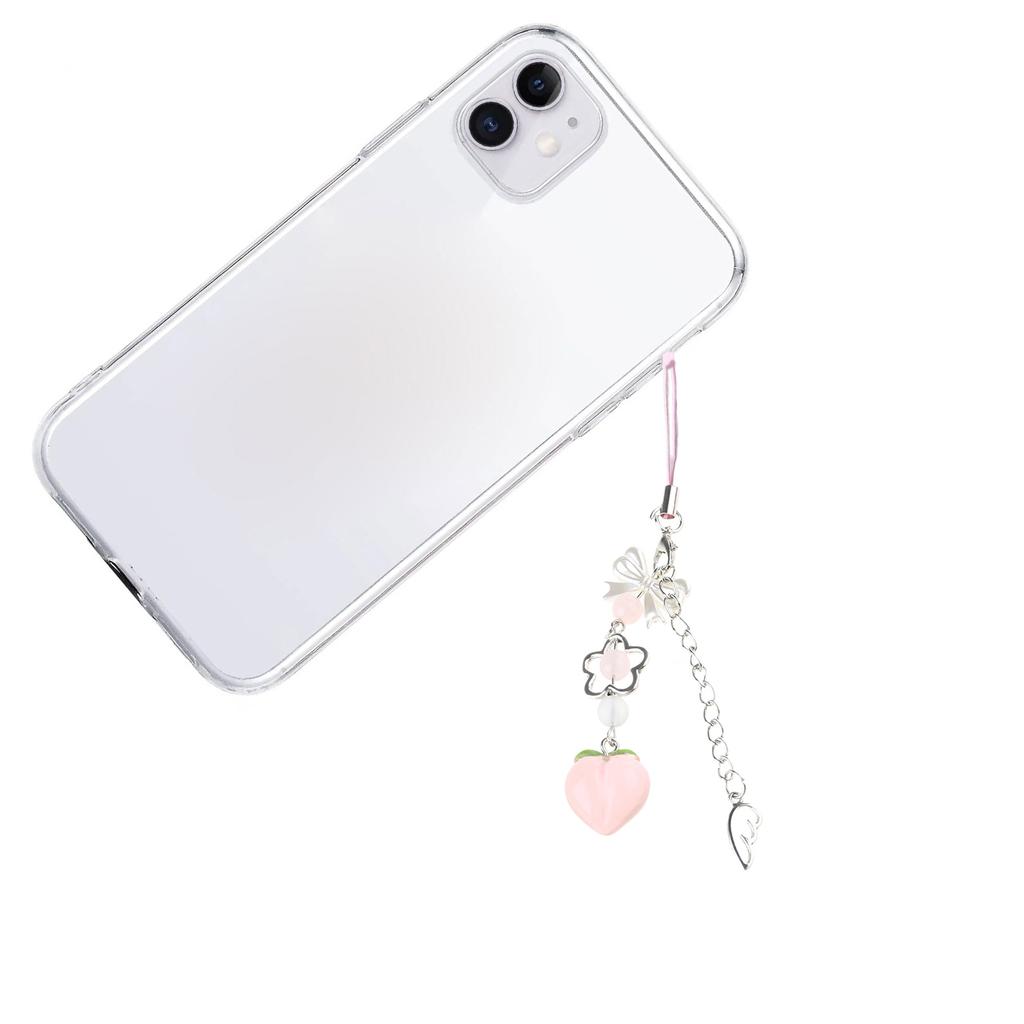 Cute Peach Phone Charm Stylish Keychain Pendant Bowknot Flower Beaded Keyring Personalized Accessory for Women and Girls