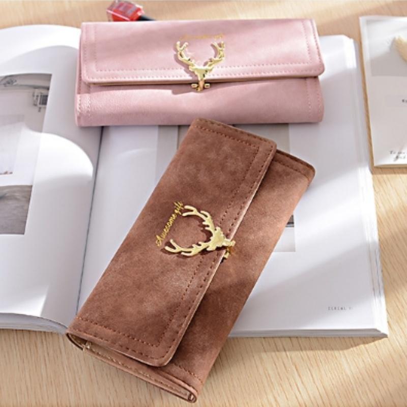 2024 New Fashion Deer Head Women's Long Wallet Trendy Cool PU Matte 3 Fold Billfold Multi Card Female Clutch Money Bag Change Pocket Girl Holiay Gifts
