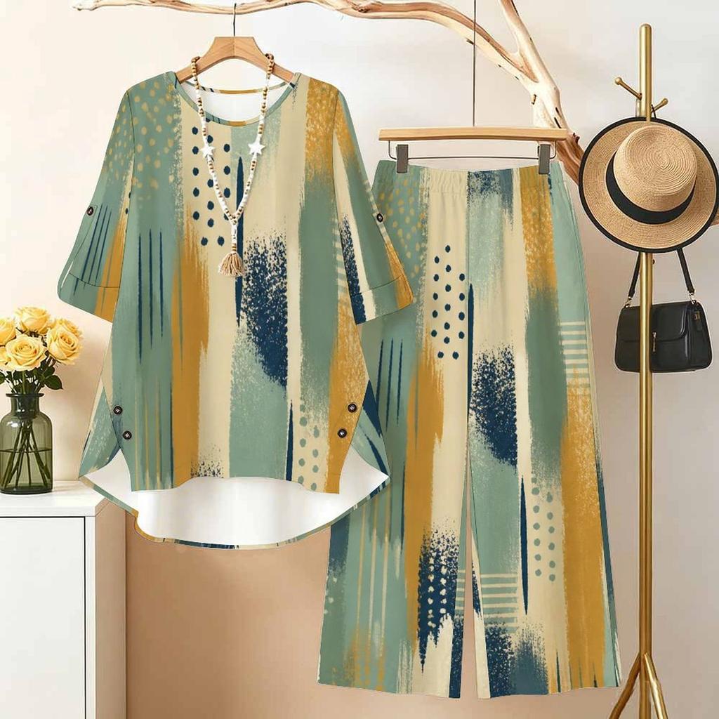 Women Plus Size Dark Blue Printed Two Piece Set Round Neck Half Sleeve High Low Top Wide Leg Pants