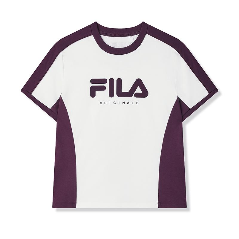 FILA Color Block Fashion Versatile Knit Short Sleeve Regular T-Shirt Women tops Cloud-Mushroom-White F11W519101FWT