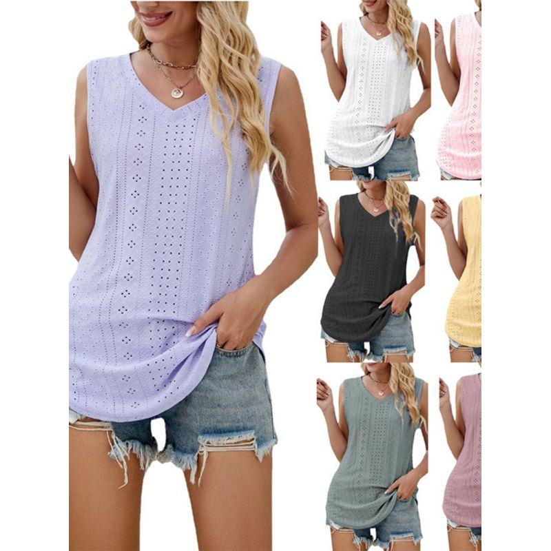 

V-neck Solid Color Hollow Thin Vest Womanv Neck Pure Color Cut Out Thin Vest Black M