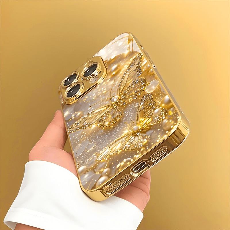 Golden Butterfly Pattern Gold Metallic Paint Glass Phone Case For iPhone 17 Pro Max 11 12 13 14 15 16 Plus 17 Air 16E Cover
