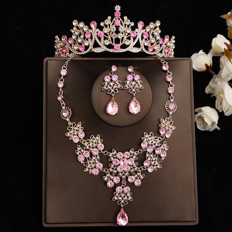 Pink Bridal Crown Three Piece Suit Wedding Crown Tiara Necklace Earrings Korean Super Fairy Wedding Dress Accessories