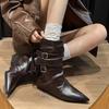Fashion Pointed Toe Belt Buckle Block Heel Trouser Heel Boots Women's Spring and Autumn Fashion Pleated Skinny Mid-Tube Pile Boots