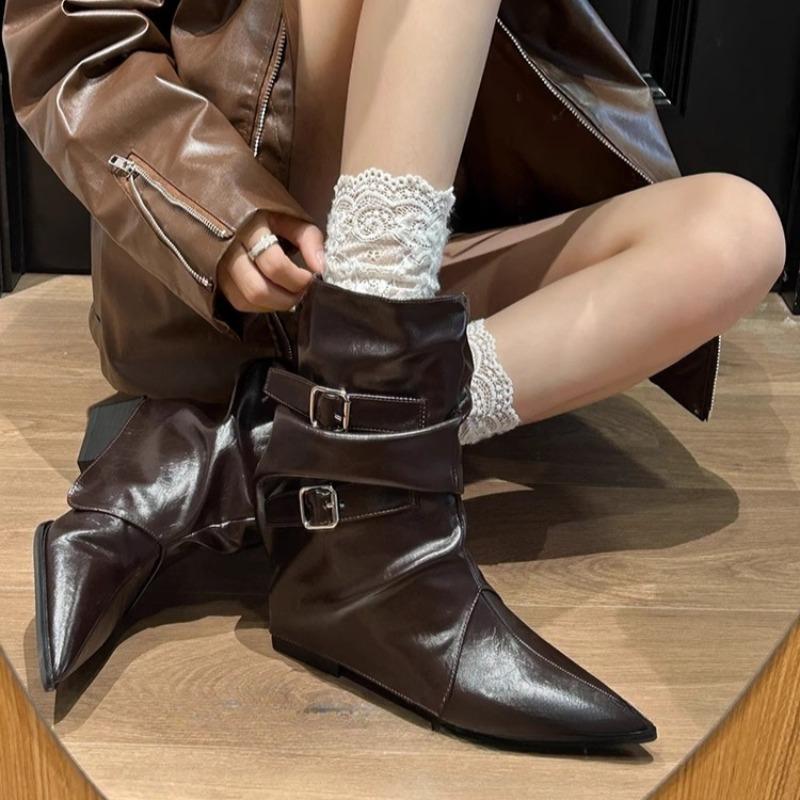 Fashion Pointed Toe Belt Buckle Block Heel Trouser Heel Boots Women's Spring and Autumn Fashion Pleated Skinny Mid-Tube Pile Boots