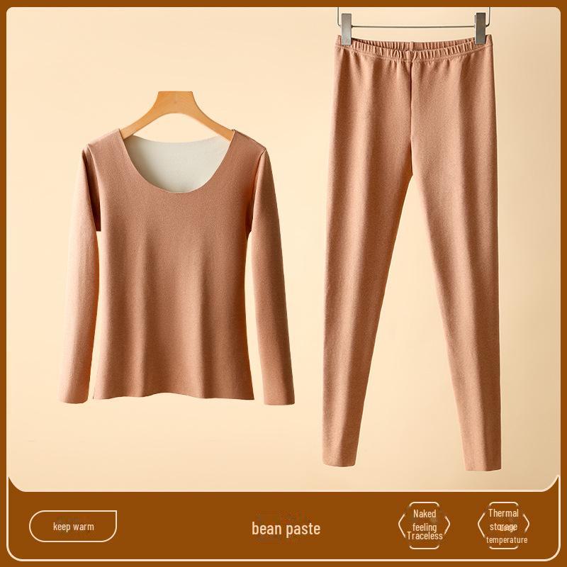 

Женский бесшовный теплый костюм из немецкого бархата: Футболка с длинным рукавом и брюки с начесом для осени/зимы XL