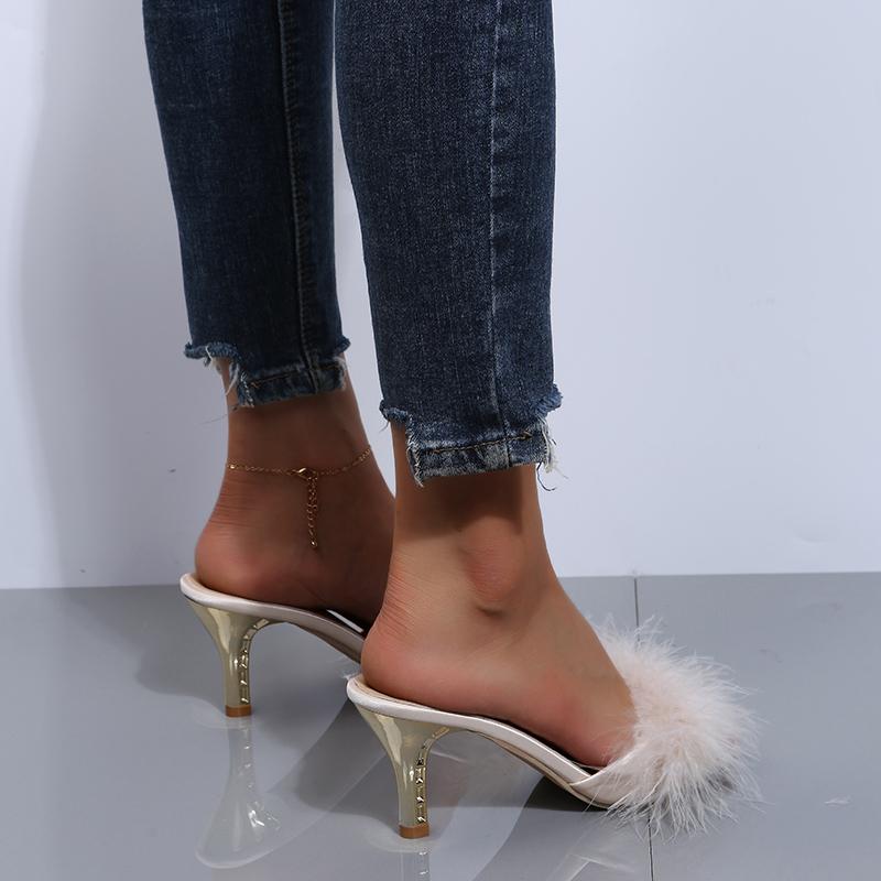 Classic Slides Slippers for Women Casual Strange High Heels Shoes for Women Solid Fur Leather Slip on Summer Slippers Plus Size