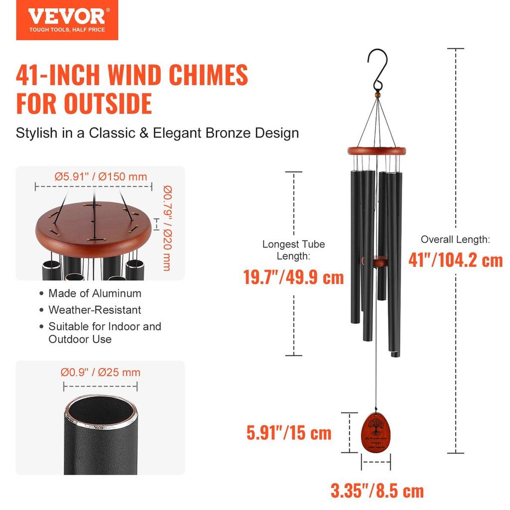 Wind Chimes for Outside, 1042 mm, Deep Tone Wind Chimes with 6 Tubes, Unique Large Memorial Wind Chimes for Anniversary, Amazing Outdoor Decor for