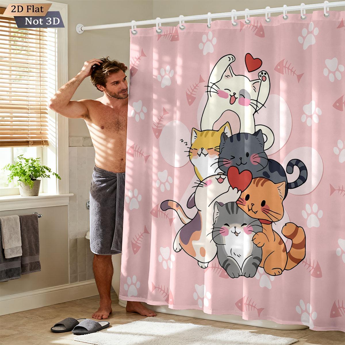 

Cute Cats Shower Curtain, Kawaii Cat Stack Design For Kids & Teens, Soft Waterproof Bathroom Decor, Cozy Pet Lover Gift Idea W60H190(CM)-1 Pcs