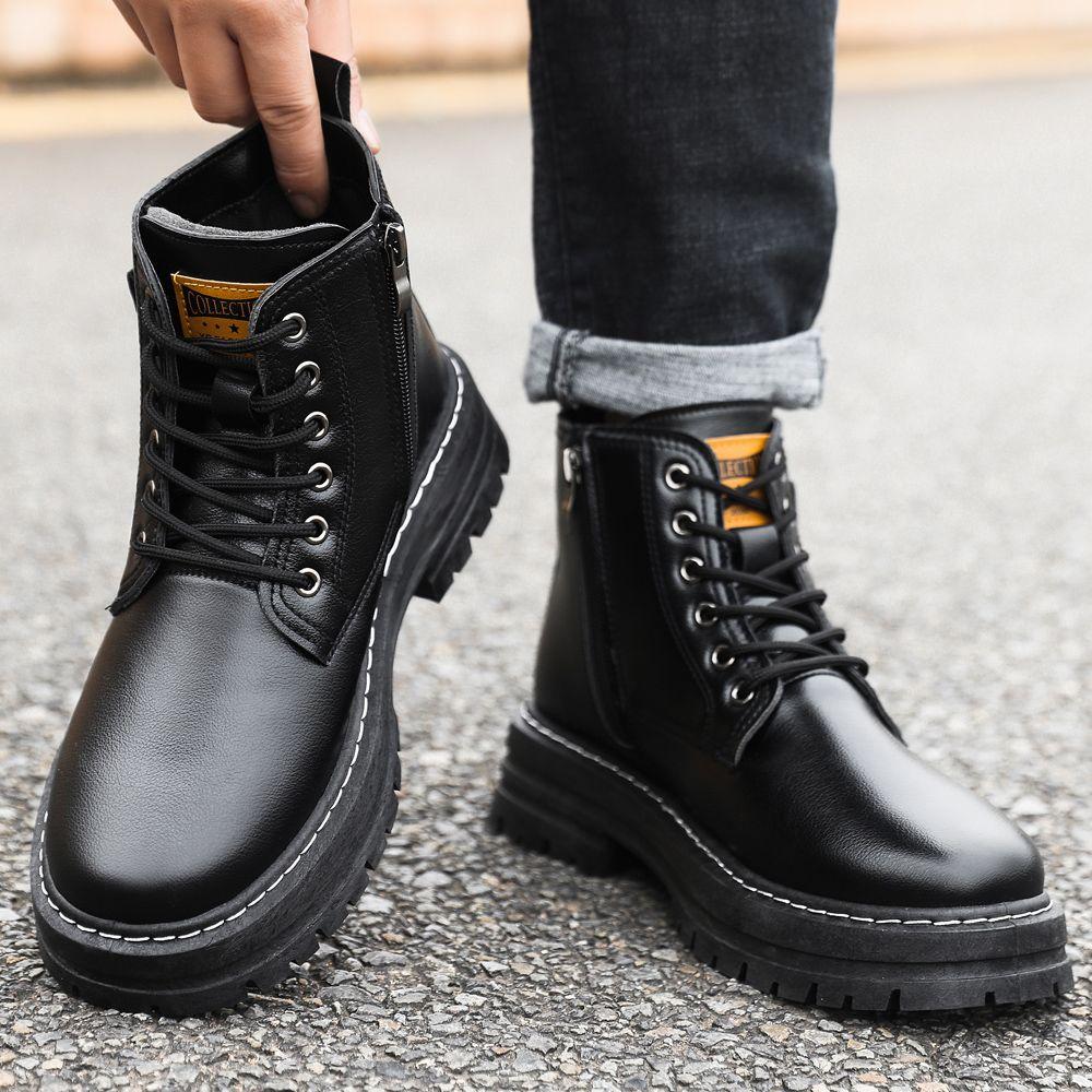 Men's High Top Winter Warm Lined Genuine Leather Cotton Boots Thick Sole Height Increasing English Workwear Anti Slip Snow Boots
