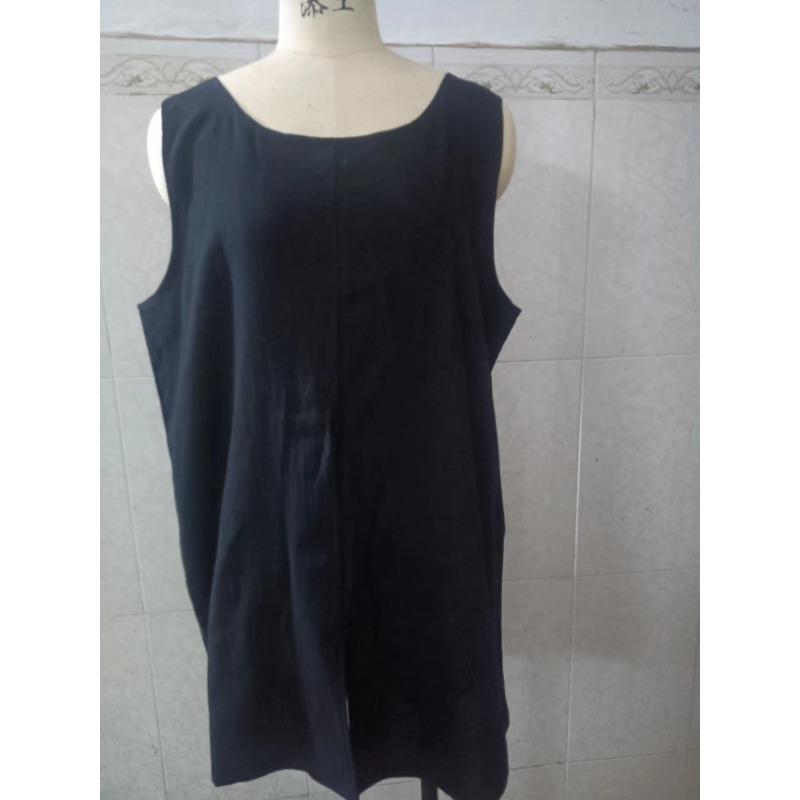 Summer Cotton Linen Blouse Round Neck Loose Fitting Spliced Pullover Solid Color Vest Shirts Women’s