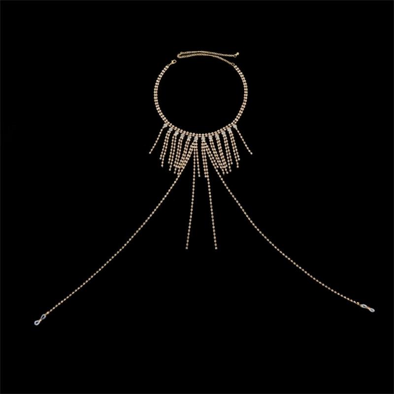 Crystal Rhinestones Fringe Body Chain Necklace Stylish Bra Chain Fashion Neck Jewelry Piece For Evening Event