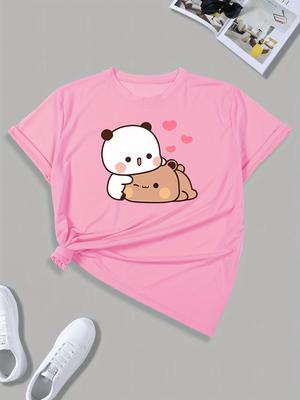 Cartoon Print Round Neck T-shirt Short Sleeve Minimalist Playful Design Fashion Illustration Tee Comfortable Casual Fit Harajuku