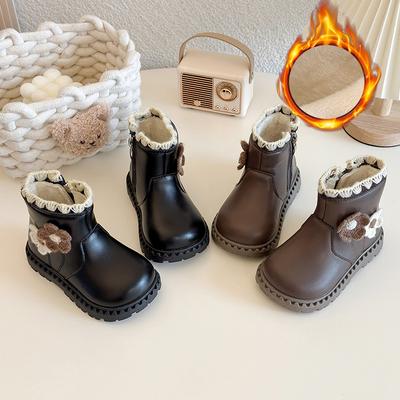Bottes d'hiver pour filles à tige basse doublées polaire Simples et élégantes Bottes en cuir Chaudes et antidérapantes Bottines pour tout-petits et enfants d'âge préscolaire