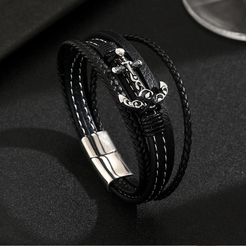 Personalized Fashion Retro Leather Stainless Steel Bracelet Multi Layer Braided Rope Black Series Men's