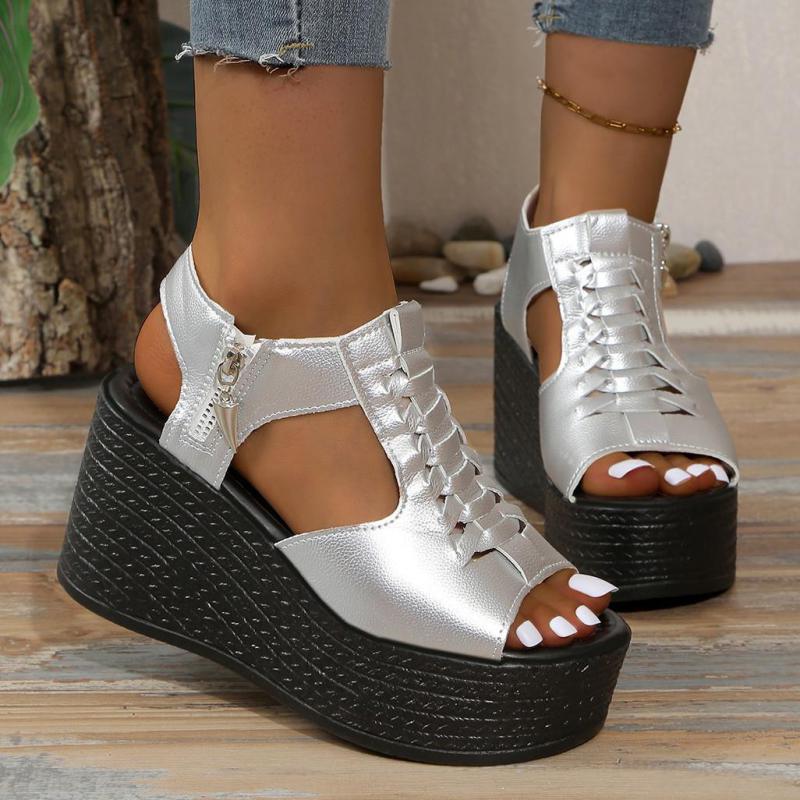 Fashion Women Gold Wedges Sandals Pu Leather Platform Thick Sole Sandals For Women High Heels Shoes Open Toe Med Heel Summer Beach Shoes