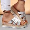 Gold Strap Slip On Sandals Women Summer 2025 Chunky Platform Wedge Heels Shoes Woman Plus Size Rivet Sole Outdoor Slippers Woman