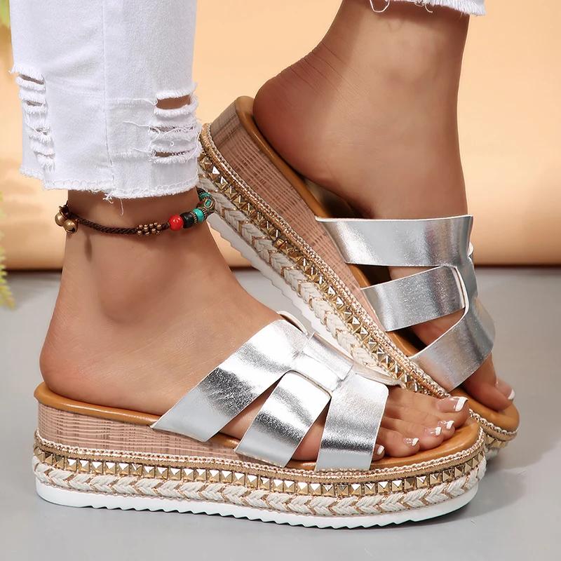 Gold Strap Slip On Sandals Women Summer 2025 Chunky Platform Wedge Heels Shoes Woman Plus Size Rivet Sole Outdoor Slippers Woman