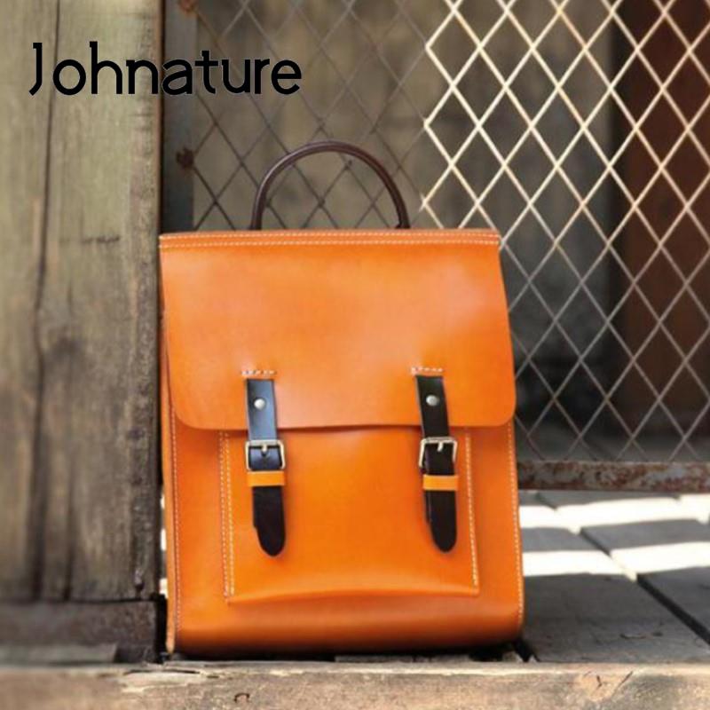 Johnature Vintage Backpack Unisex Handmade High Quality Women Bag Natural Real Cowhide Backpacks Solid Color Schoolbag