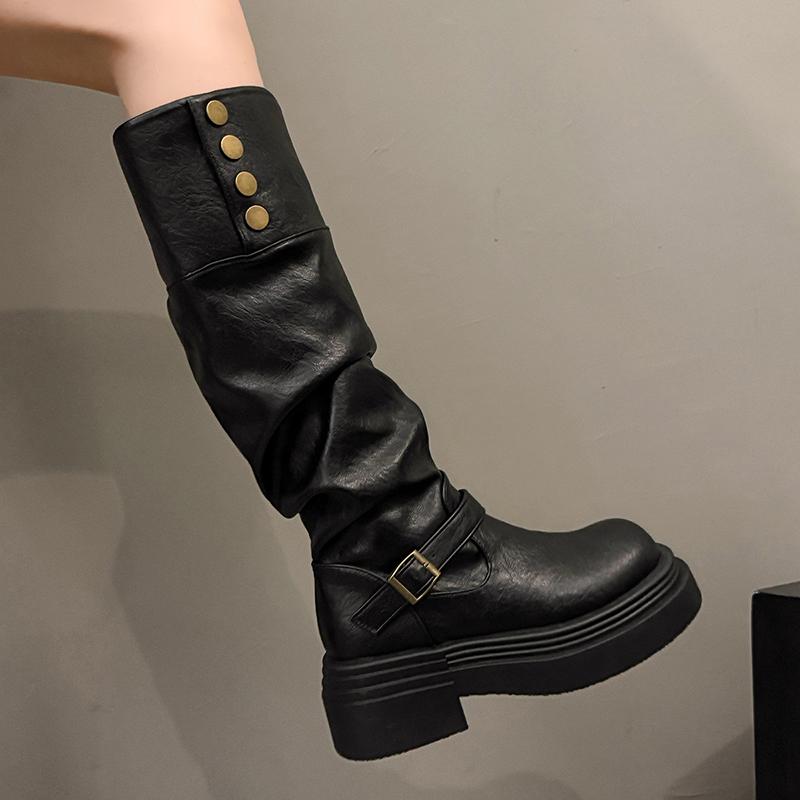 Fashion Vintage Women Knee High Boots Autumn Winter Ladies Causal Thick Heel Knight Long Botas Zapatos De Mujer