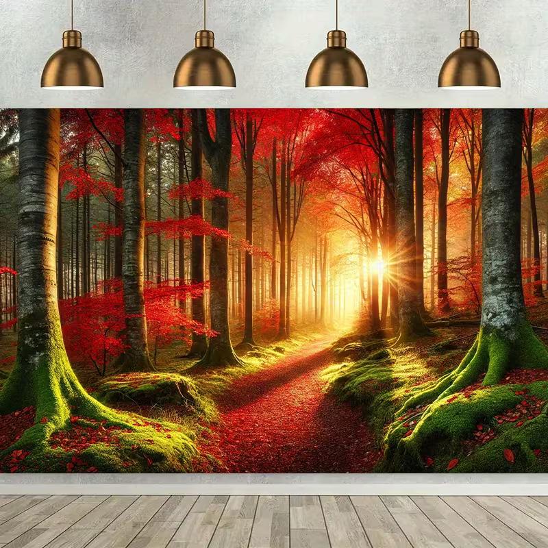 2D Magical Red Maple Forest Sunlight Photography Background 47.2x31.5inch/120*80cm
