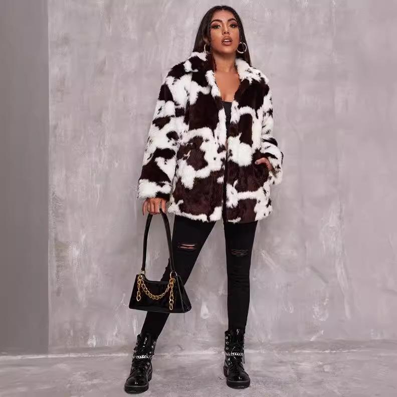 Women's Harajuku Style Black and White Cow Print Faux Rabbit Fur Coat - European and American Autumn/Winter Jacket