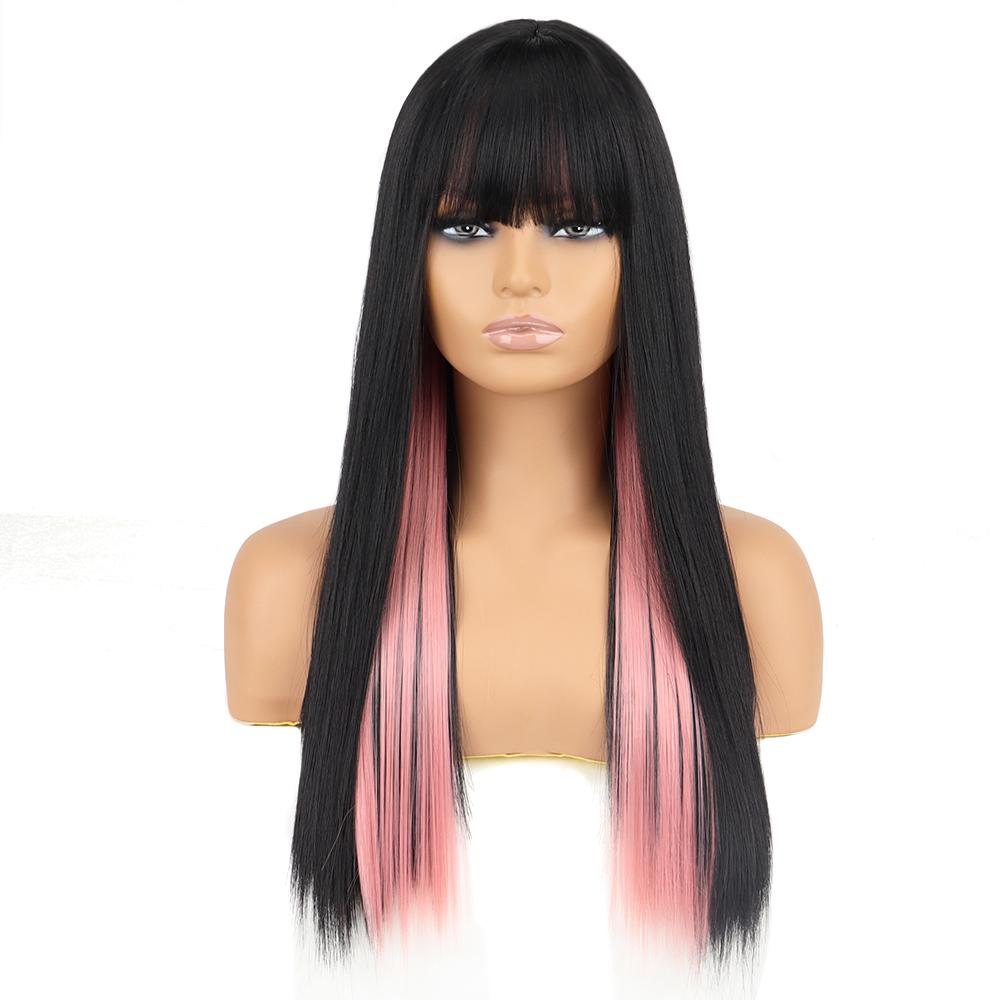 XINRAN Lange glatte Haare, schwarz-rosa Kunstfaser-Perücke mit Pony für Frauen, Lolita-Perücke, Cosplay, Alltagskleidung