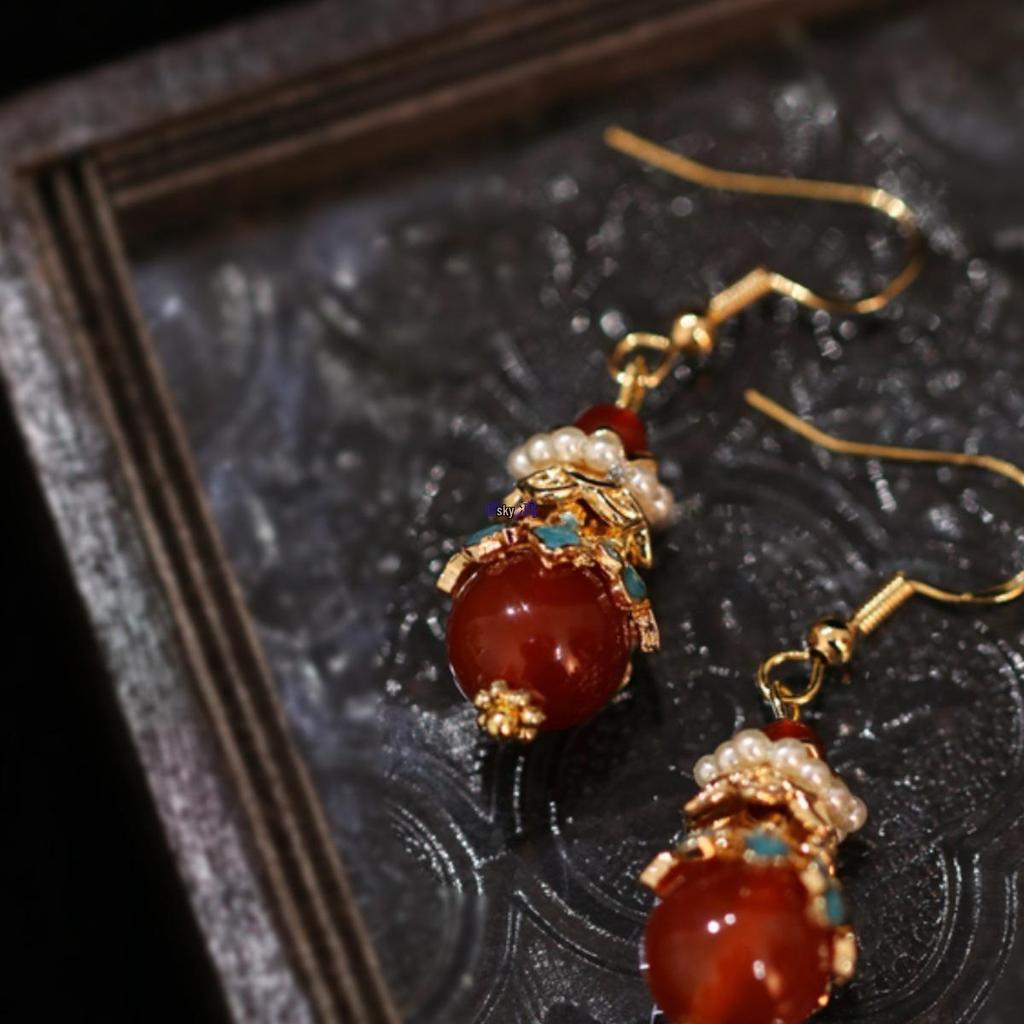 Ming & Song Style Red Agate Cloisonné Enamel Dangle Earrings - Original Chinese Design, Perfect for Ma Mian Skirt Accessories