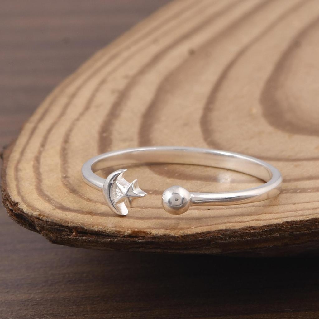 Moon and Star Ring, 925 Sterling Silver Celestial Ring, Minimalist Moon Star Open Ring, Dainty Adjustable Silver Ring, Celestial Jewelry Gift