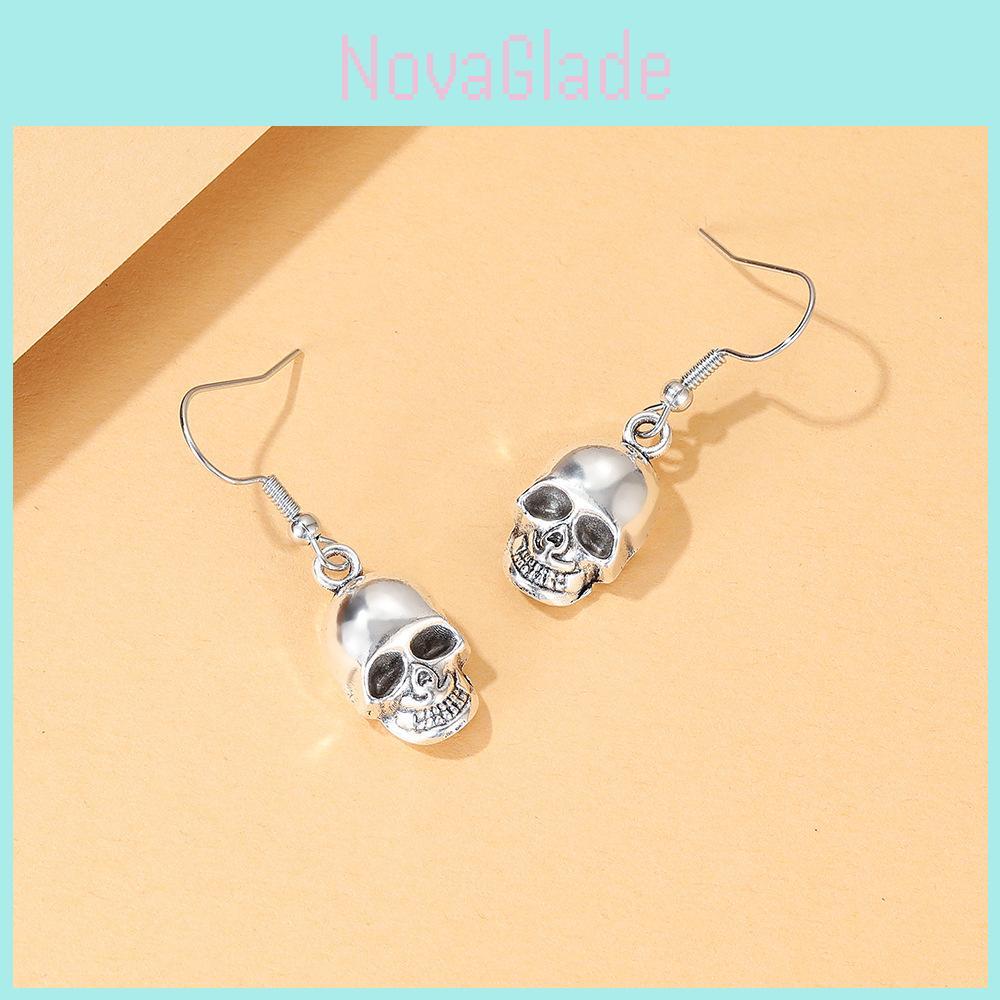 Vintage Silver Skull Earrings Stylish Alloy Simple Geometric Design For Women