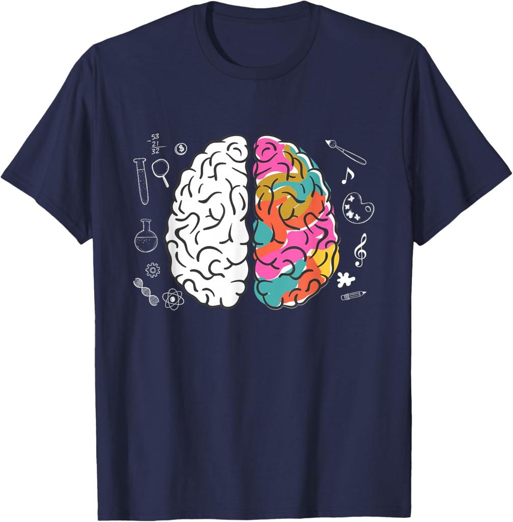 Left Right Brain Science Art Colorful Anatomy Graphic Tee Casual Cotton T-Shirt Unisex