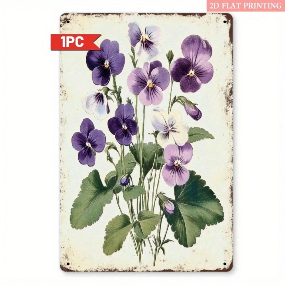 

Vintage Tin Sign Wall Decor, Violet Flower Metal Poster for Living Room, Rustic Artwork