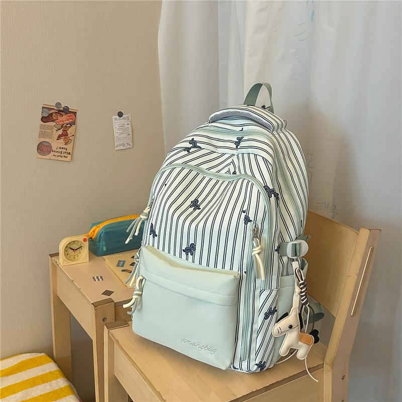 Striped Backpack with Horse Pattern and Front Pocket for School and Daily Use