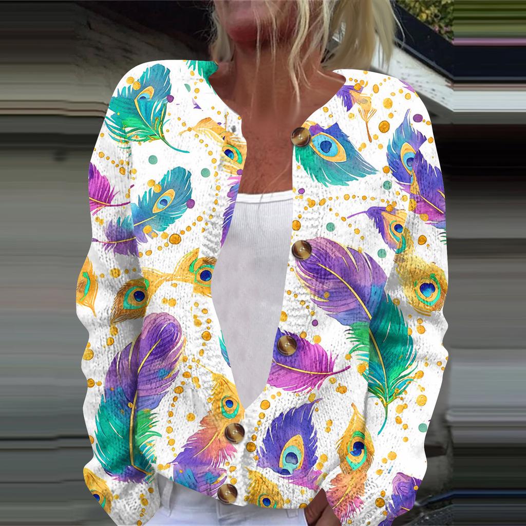 Women's Fashion Printed Long Sleeve Knitted Cardigan Button Down Jacket