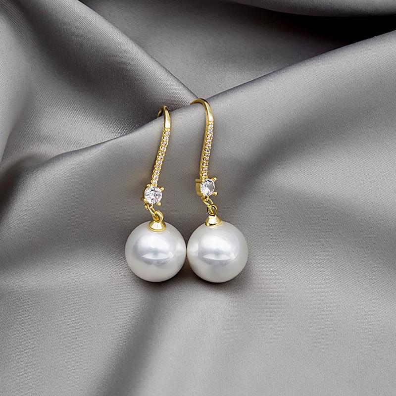 Exquisite Micro-Inlaid Zircon Large Pearl Earrings, Long French Simple Temperament Elegant Commuter Earrings