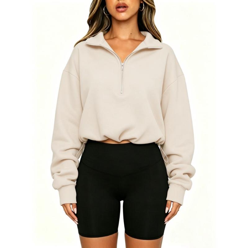 Women S Half Zip Long Sleeve Cropped Sweatshirt With Drawstring Y2k Style