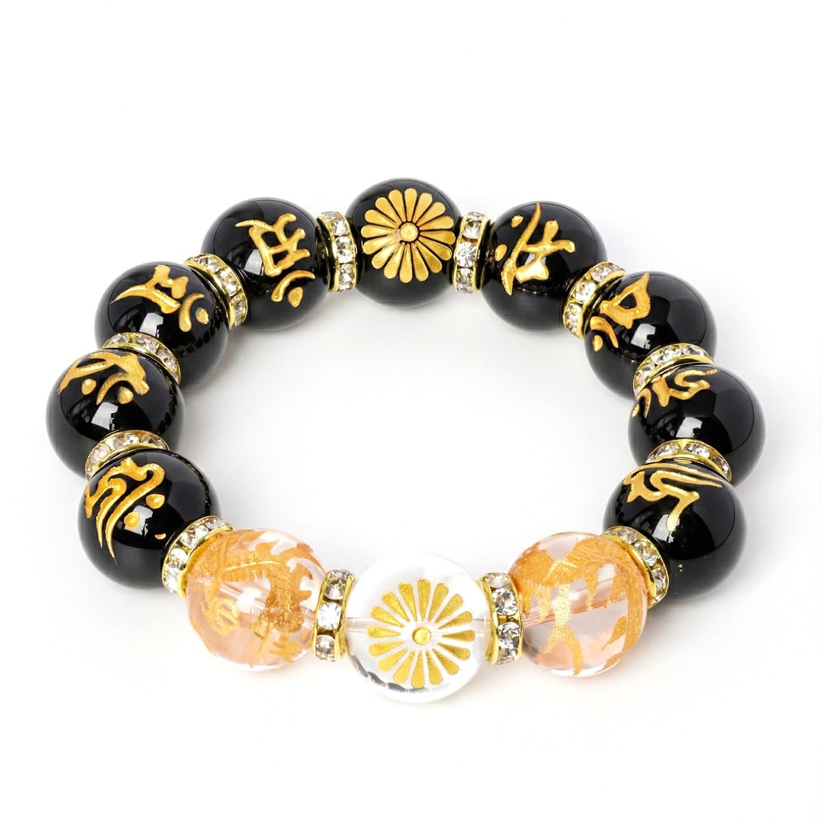 

Sekiki 4A Chrysanthemum Carved Crystal 16mm Sanskrit Onyx Prayer Bead Bracelet with Paulownia Gift Box, Natural Stone [b044]