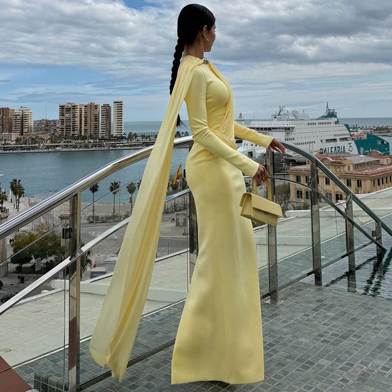 2026 Fall Womens Elegant Solid Long Sleeve Dress With Sash Pleated Bodycon