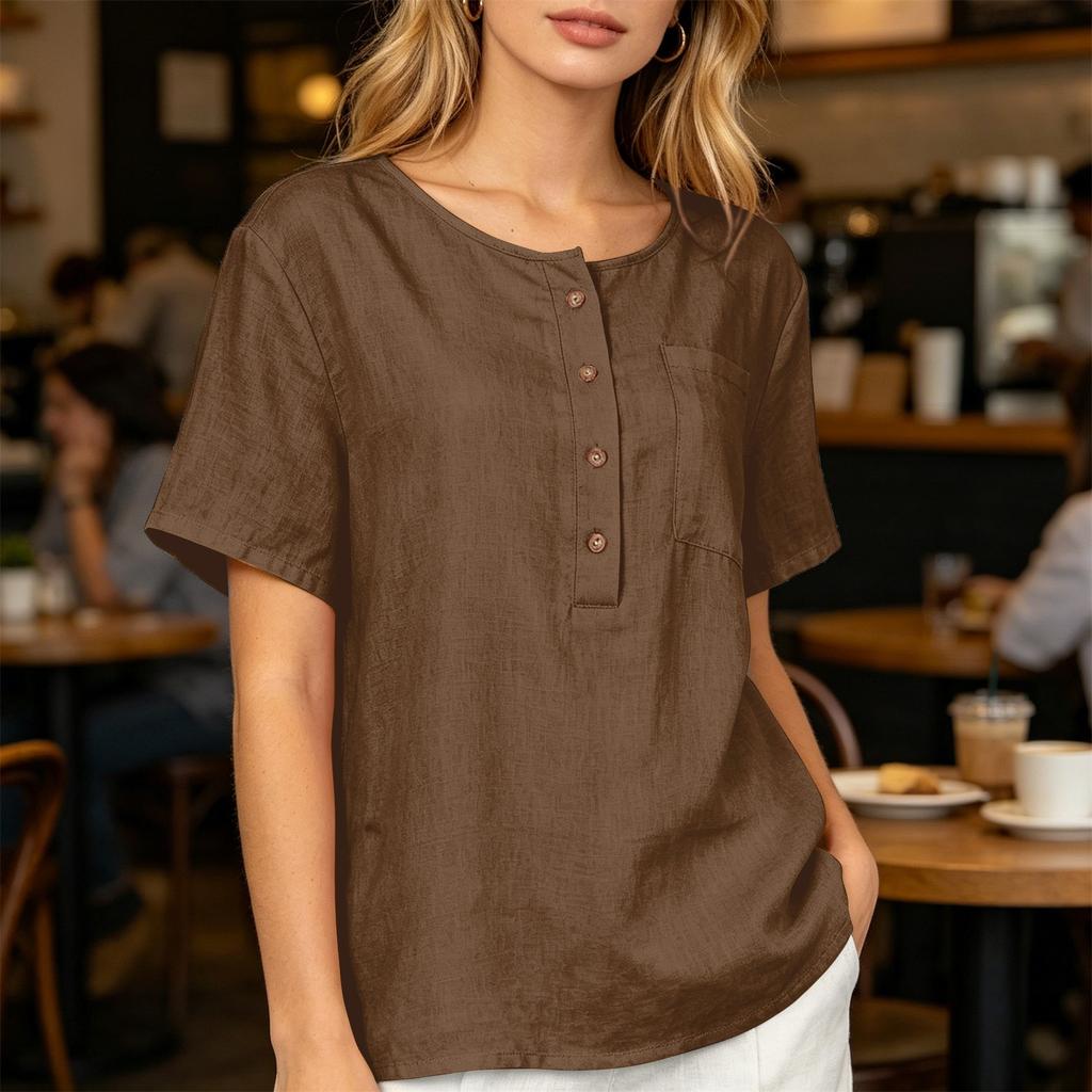 Women Henley Button Neck Short Sleeve Cotton Linen Shirt with Chest Pocket Loose Fit Casual Top for Daily Office Wear