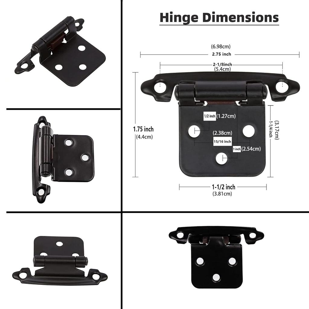 10Pcs Decobasics 1/2" Overlay Matte Black Cabinet Hinges, Self Closing Bath & Kitchen Cabinet Hinges Black Flush Mount w/Door Bu