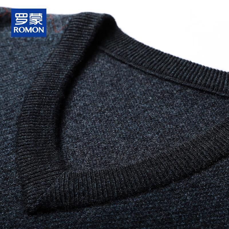 ROMON Men's 100% Pure Wool V-Neck Thickened Striped Knit Sweater