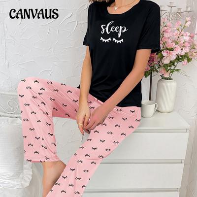 Dammode Mjölksilke Heltryckt Bokstav Kortärmad Långbyxor Dam Pyjamas Set