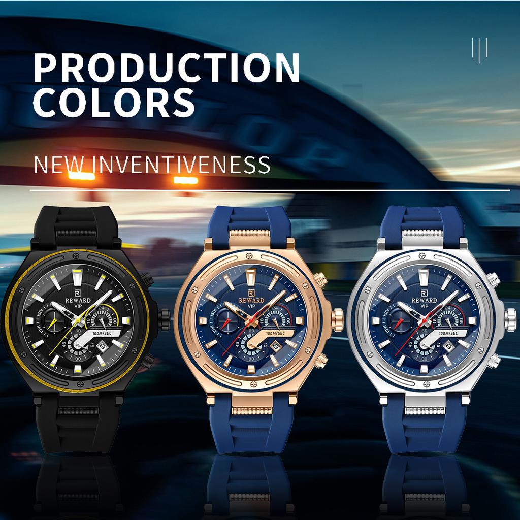REWARD 831508 Top Fashion Men's Quartz Watch Multi Functional Automatic Date Chronograph Design Casual Silicone Watches for Man