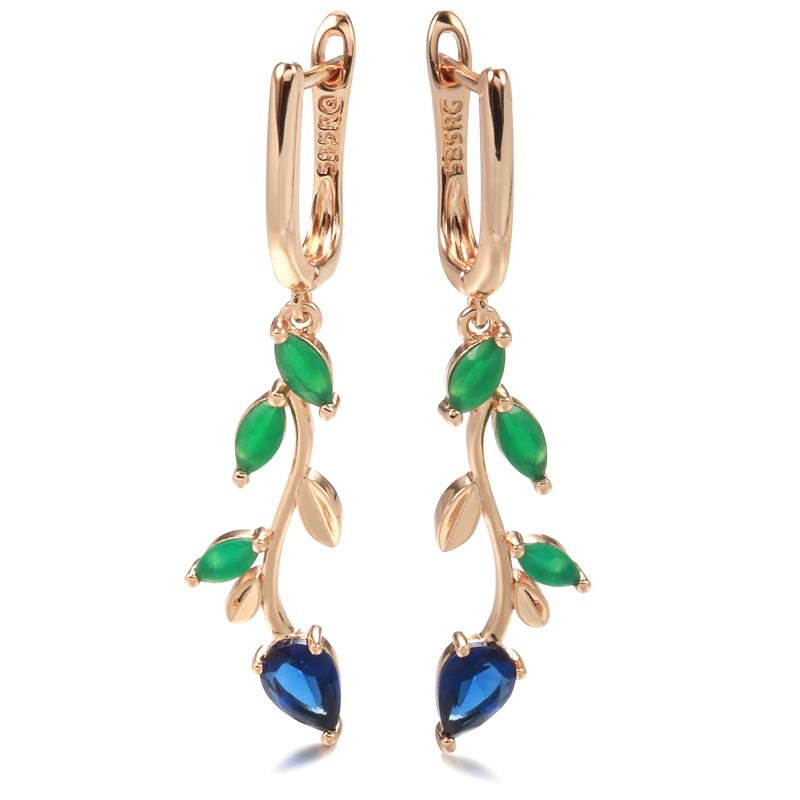 Long Leaf Drop Earrings For Women Rose Gold With Shiny Green Natural Zircon Accessories Vintage Daily Fine Jewelry