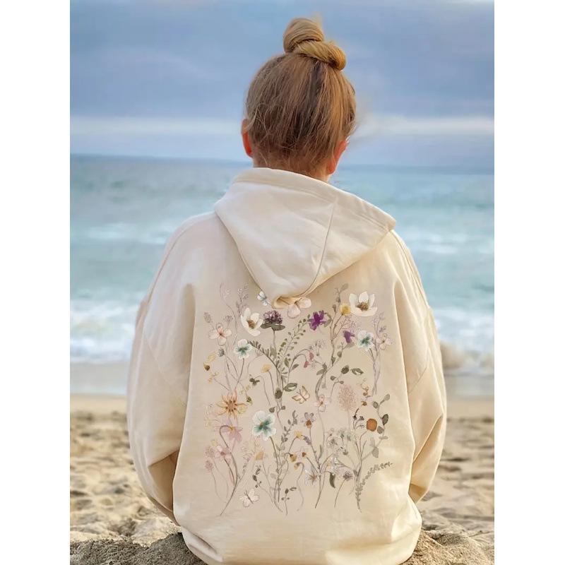 2025 Trendy Floral Print Loose Plus Size Pullover Hoodie Sweatshirt
