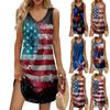 Women's Summer Casual Sun Skirt With Pocket V-Neck Independence Day Printed Loose Vest Dress