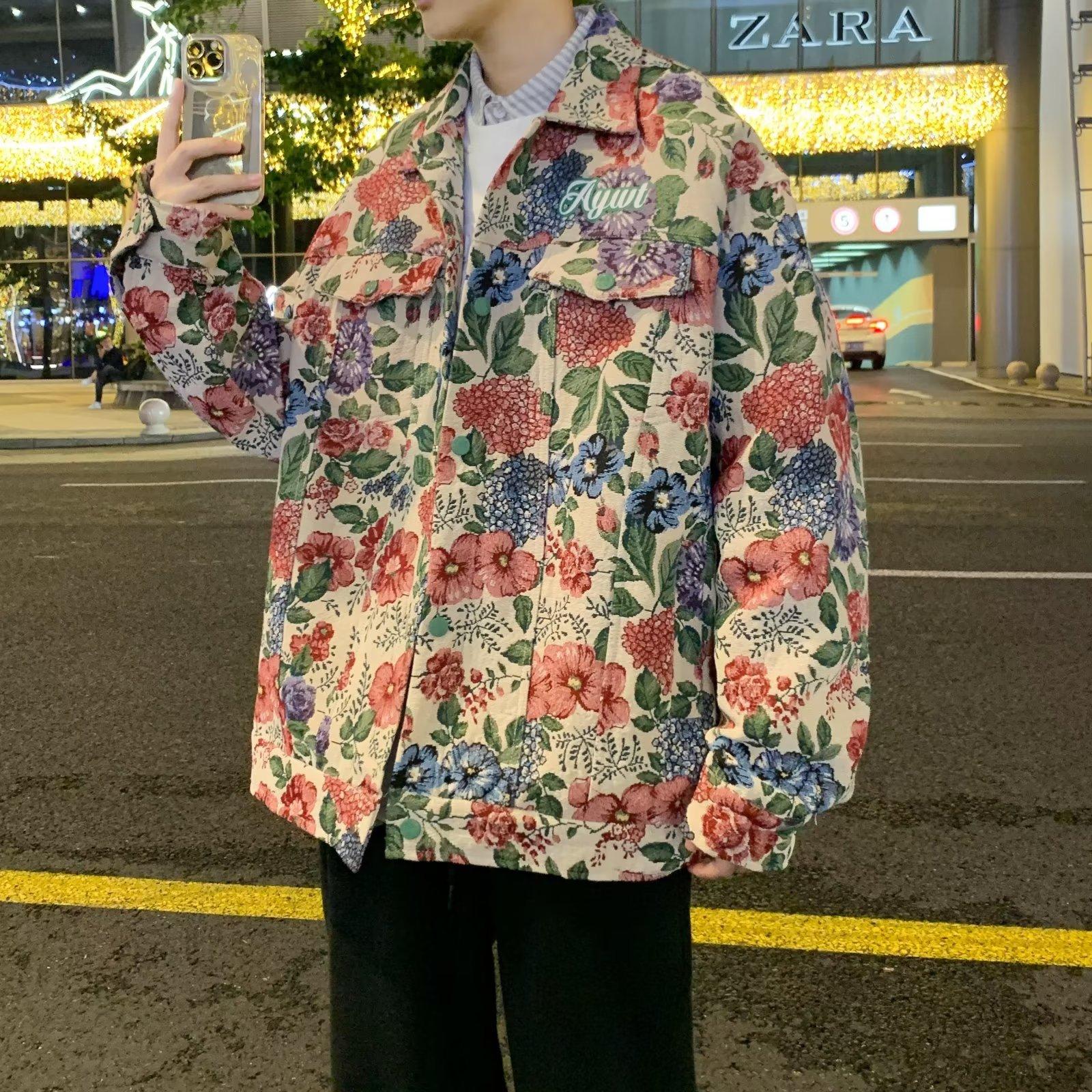 

Молодежная и популярная мужская универсальная куртка с цветочным принтом и лацканами, модная повседневная куртка с длинными рукавами в литературном стиле 3XL