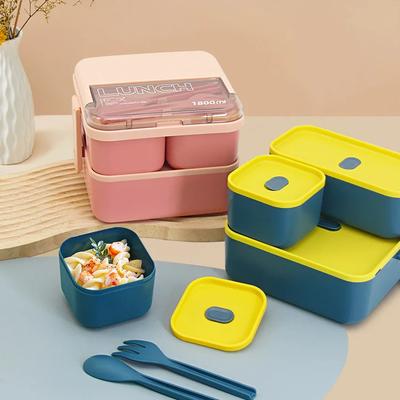 Taşınabilir Bölmeli Öğle Yemeği Kutusu Çatal ve Kaşık Tek/Çift Katmanlı Mikrodalga Bento Kutuları Kapalı Gıda Saklama Kabı