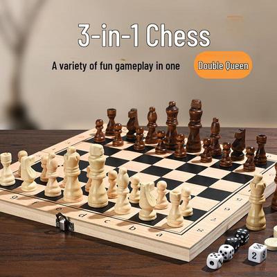 Premium Solid Wood 3-in-1 Chess Set: Chess, Double Queen, and Checkers